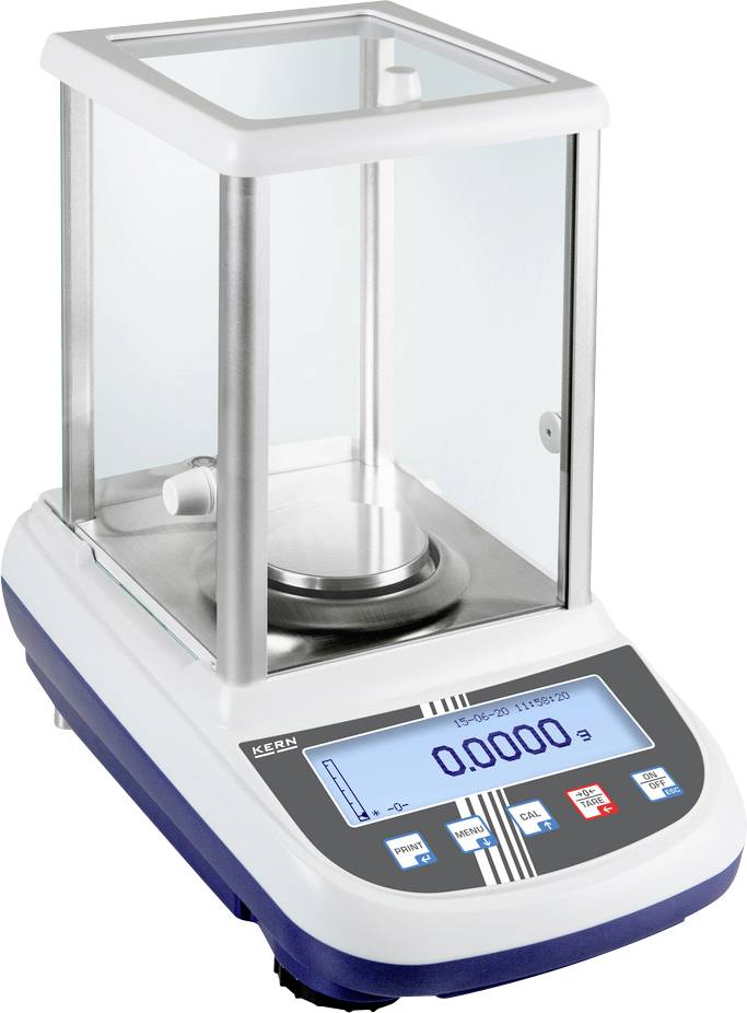 Elektronische Präzisionswaage mit Glasgehäuse zur genauen Gewichtsbestimmung. Großer LCD-Bildschirm zeigt das Gewicht in Gramm an.