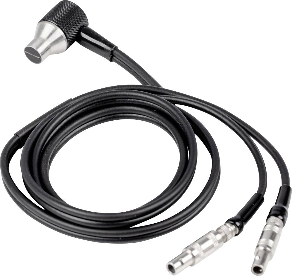 Ein schwarzes Kabel mit zwei Metallanschlüssen und einem runden Mikrofonkopf an einem Ende.