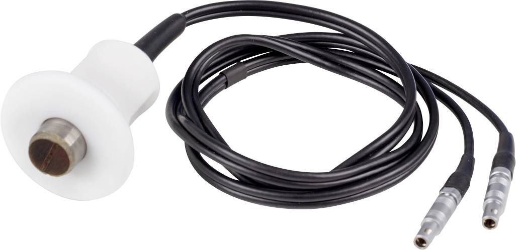 Ein medizinisches Elektrodenkabel mit zwei Anschlüssen und einem runden, weißen Aufsatz für therapeutische Anwendungen.