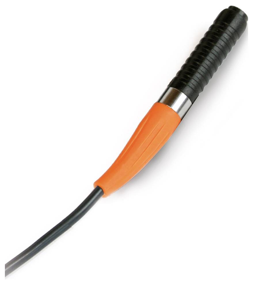 Ein schwarzes und orangefarbenes Kabel mit einem gerippten Griff.