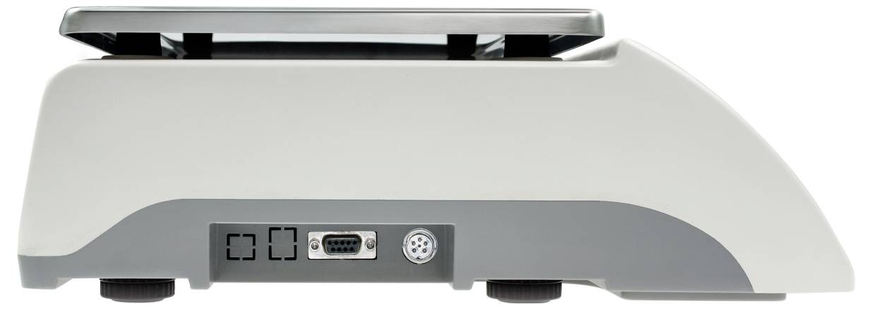 Elektronische Waage mit mehreren Anschlüssen auf der Seite, darunter ein serieller Port.