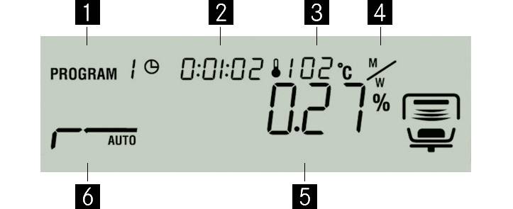 Digitalanzeige eines Heizgeräts mit Programmdetails: Zeit '1:02', Temperatur '102°C', Leistung '0.27%', Symbole für automatischen Modus und Programmierung.