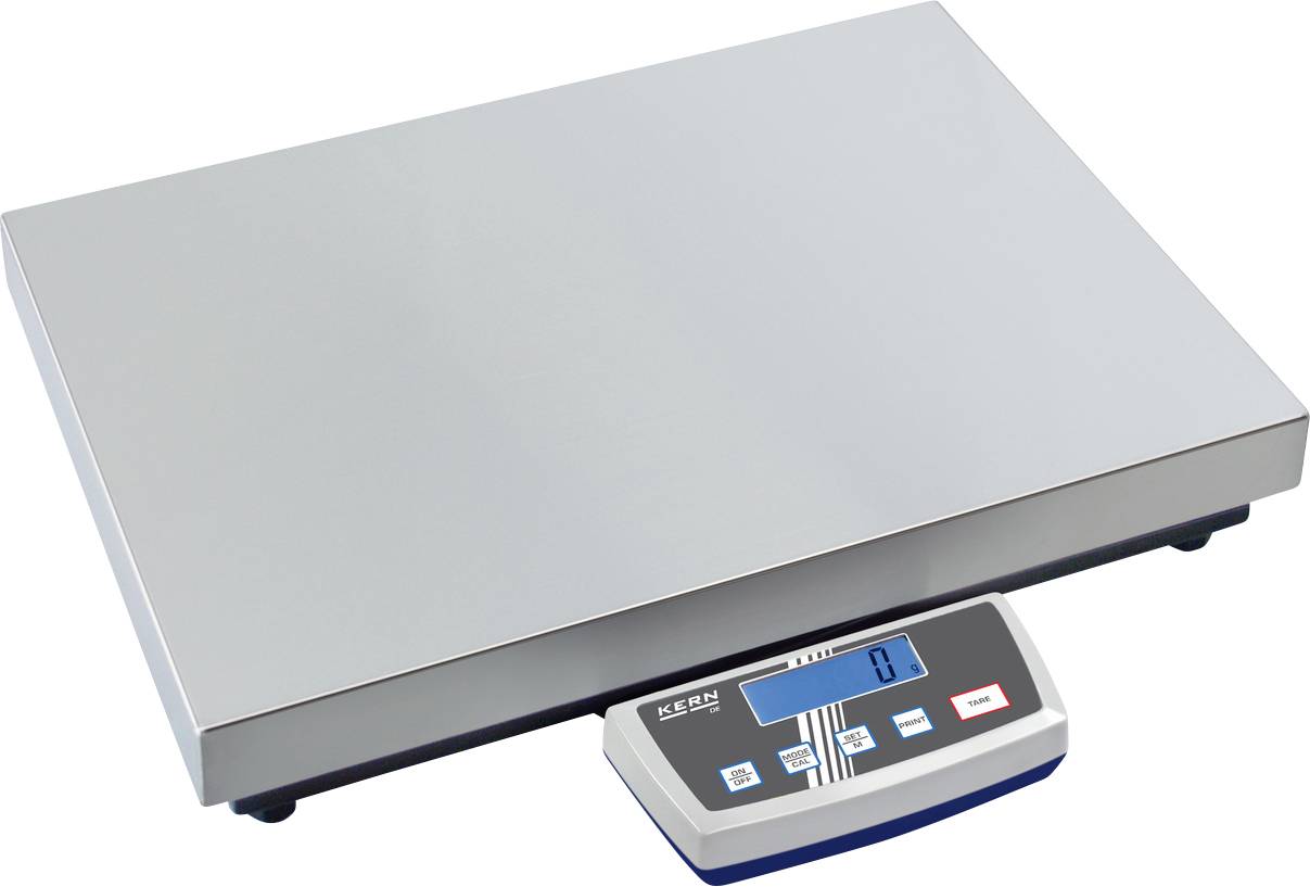 Digitale Waage mit großer rechteckiger Plattform und Display mit blauer Beleuchtung, zeigt '0' an. Geeignet für präzises Wiegen.