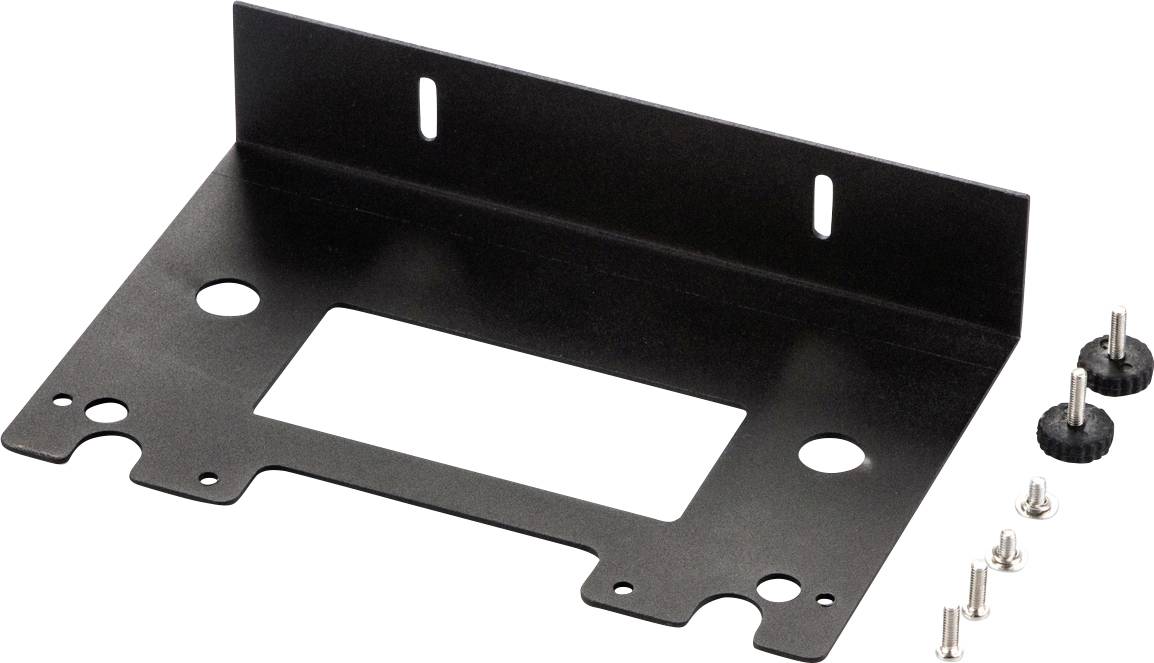 Eine schwarze Halterung aus Metall mit mehreren Schraubenlöchern und vier beiliegenden Schrauben, geeignet zur Wandbefestigung.