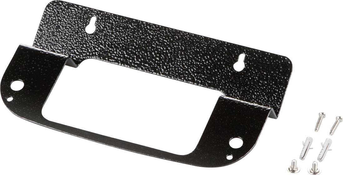 Metallhalterung mit zwei Montageschlitzen und zusätzlichen Befestigungslöchern, inklusive Schrauben und Dübel.