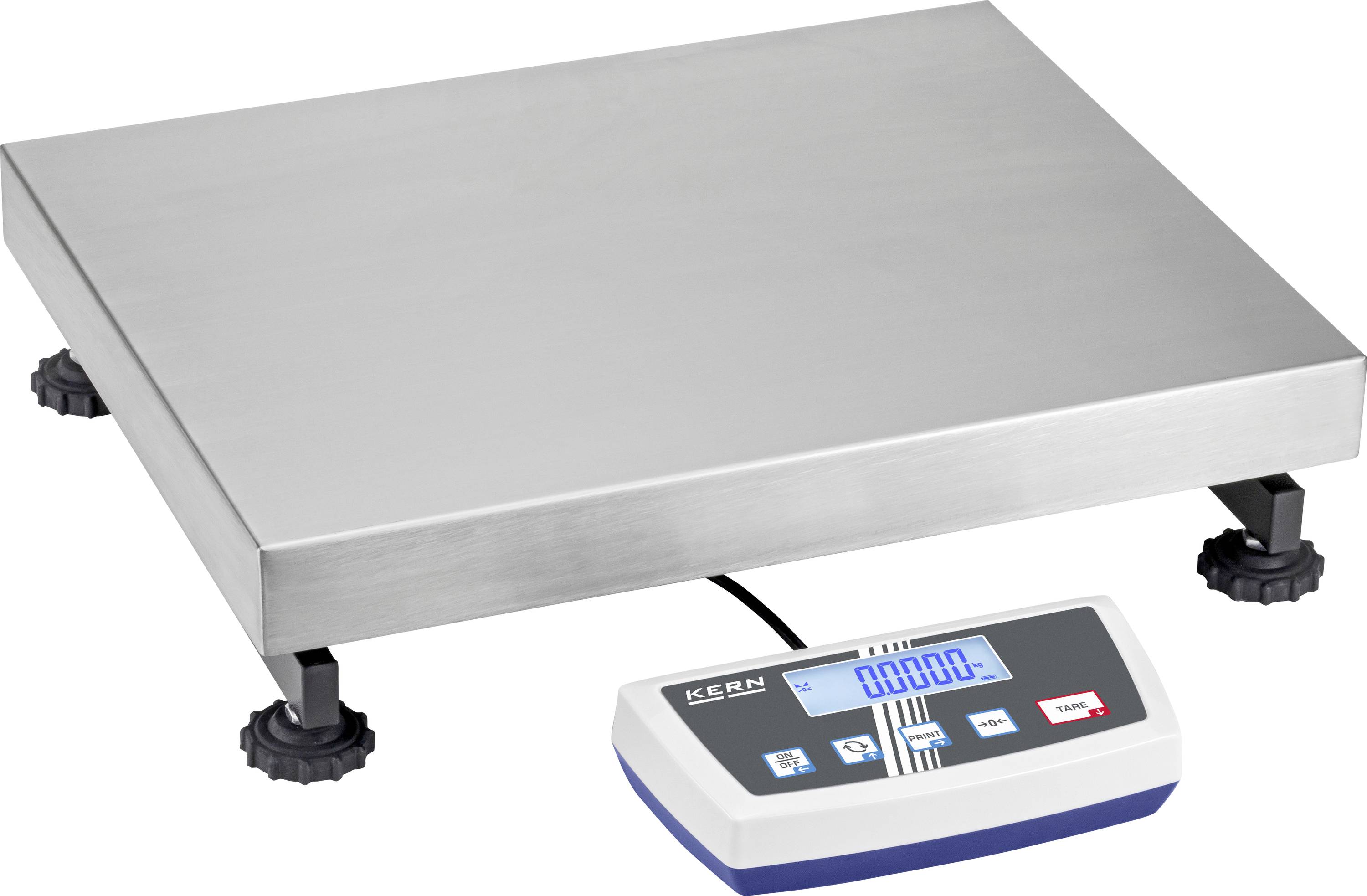Eine digitale Waage mit einer großen, flachen Metalloberfläche, die an einen Sockel angeschlossen ist, der einen blau beleuchteten LCD-Bildschirm mit der Anzeige '0,0000 kg' zeigt.