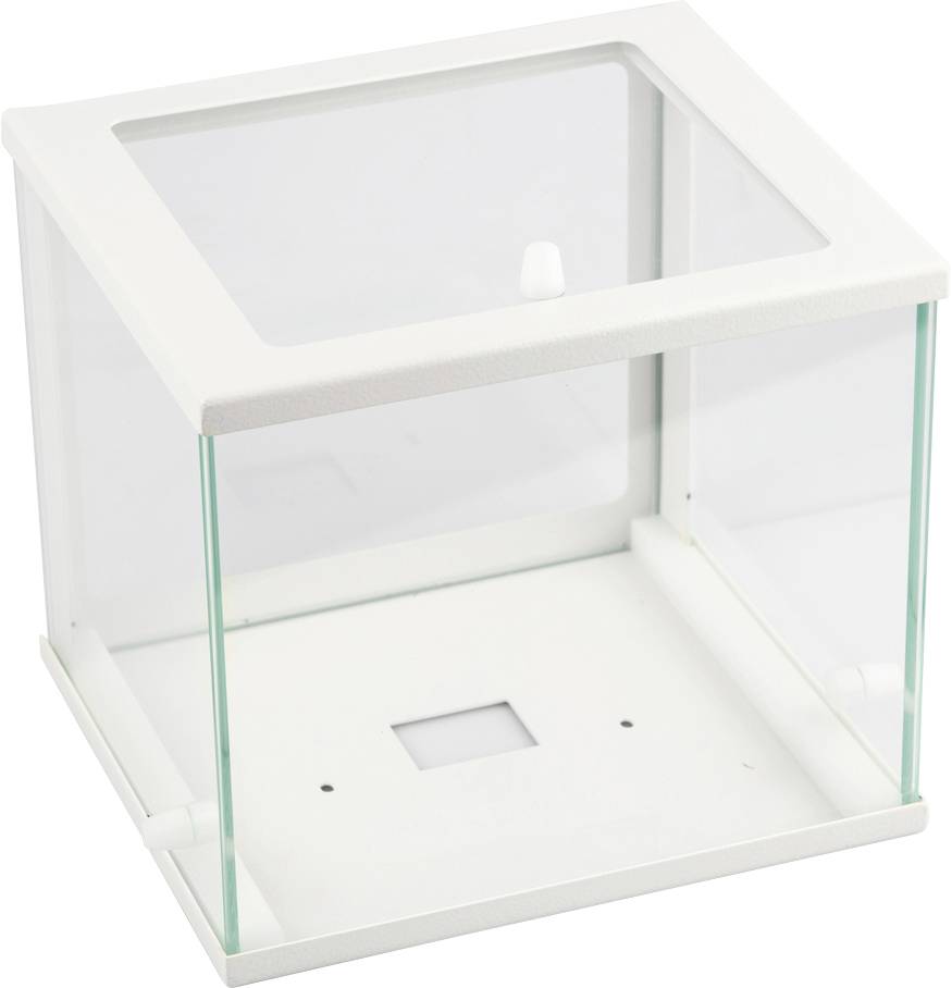 Eine durchsichtige Glasvitrine mit weißem Rahmen, geeignet zur Präsentation kleiner Objekte. Ideal für Sammlerstücke.