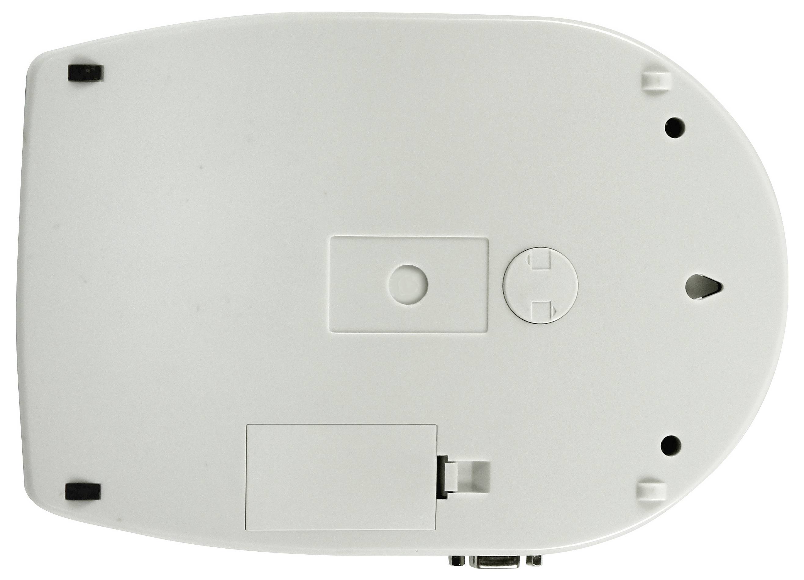 Die Unterseite eines weißen elektronischen Geräts mit Anschlüssen und Batteriefach, unsichtbar aus dieser Ansicht.