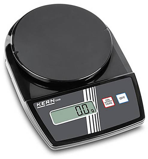 Elektronische Küchenwaage mit schwarzer Plattform, digitalem Display zeigt '0,0 g', zwei Tasten 'ON/TARE' und 'OFF'.