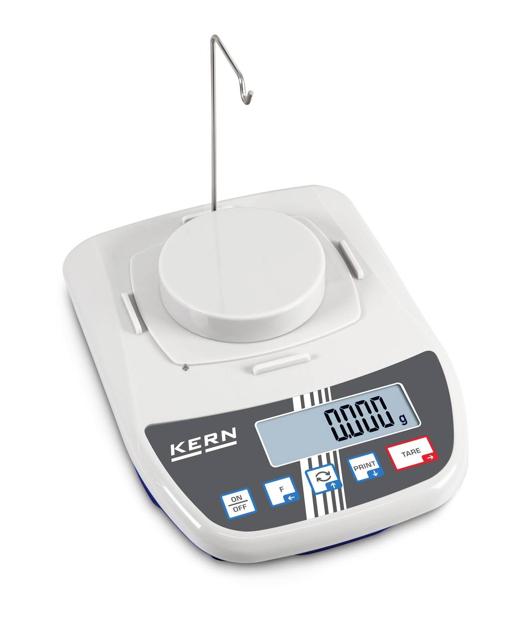 Digitale Waage mit Haken, zeigt '0,000 g' auf dem Display. Sie hat Knöpfe für Ein/Aus, Null und andere Funktionen. Geeignet für Präzisionsmessungen.