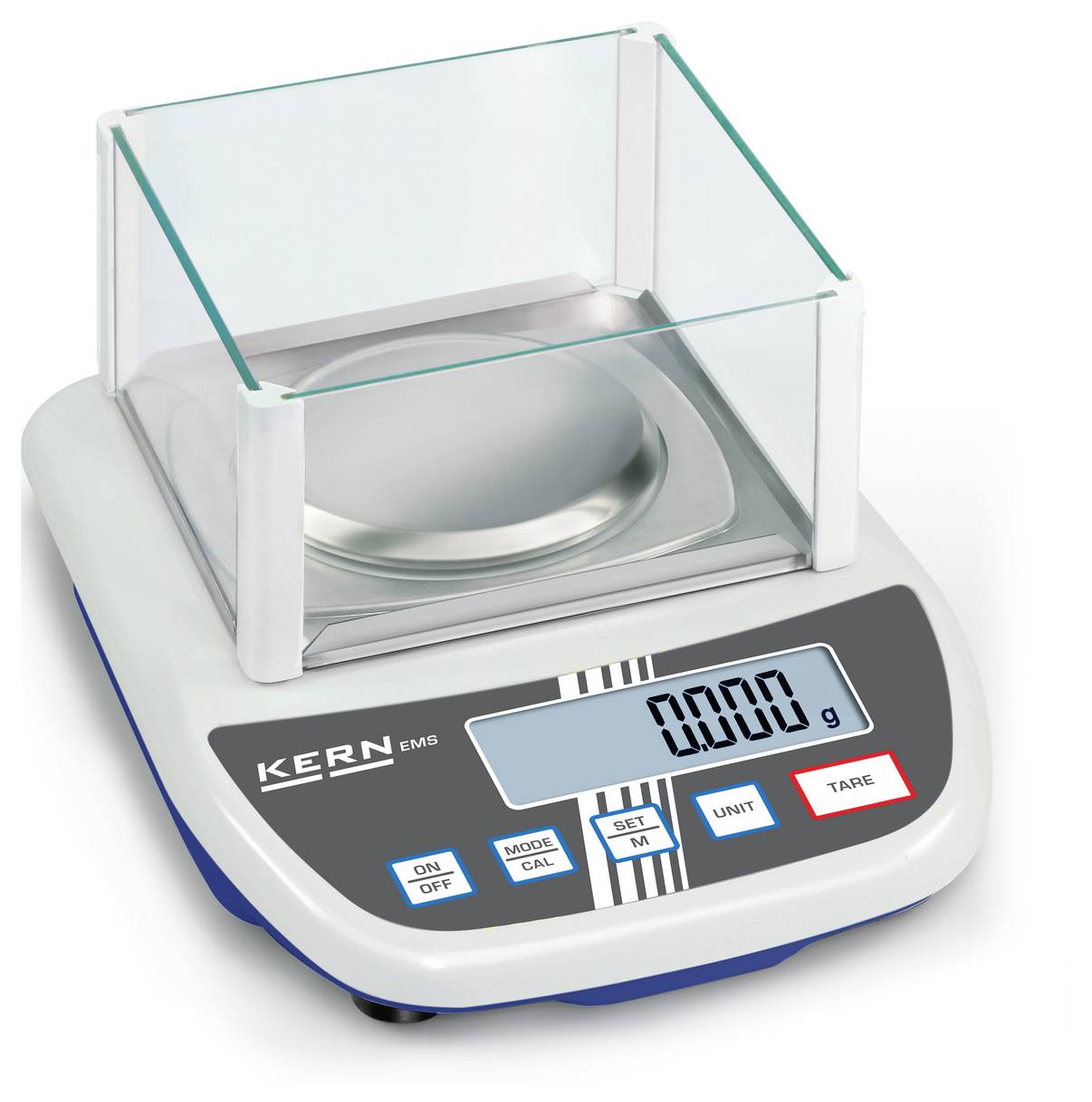 Eine Präzisionswaage mit digitalem Display zeigt '0,000 g'. Sie hat Tasten für Ein/Aus, Mode/Cal, Tare und Einheiten.