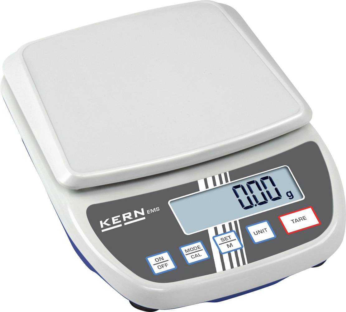 Elektronische Waage mit digitalem Display zeigt 0,00 g an. Bedienelemente: An/Aus, Modus, Kalibrierung, Einheiten, Tara.
