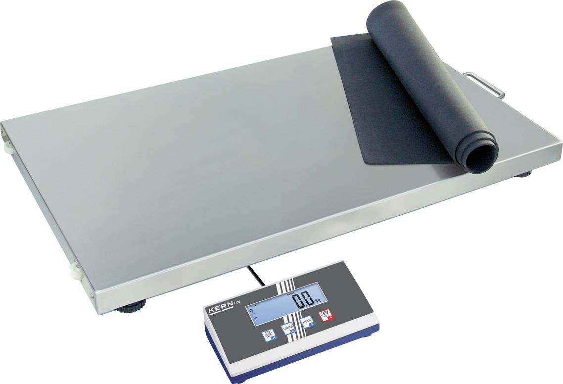 Elektronische Plattformwaage mit angeschlossenem Display, zeigt „0.0 kg“ an. Eine schwarze Matte liegt teilweise auf der Plattform.