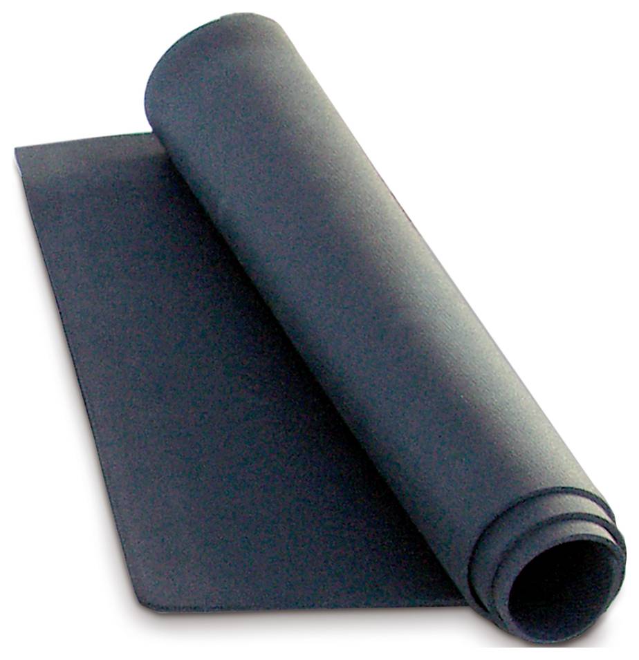 Eine aufgerollte schwarze Yogamatte liegt auf einem Tisch.