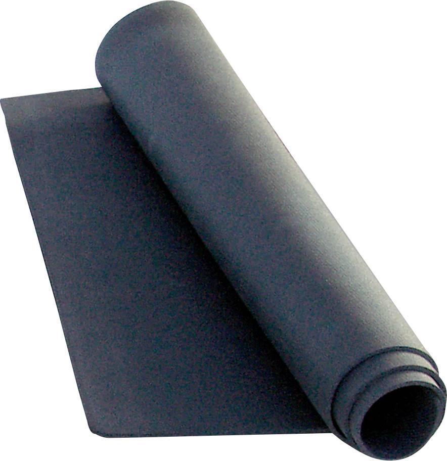 Eine schwarze, zusammengerollte Fitnessmatte liegt auf einer flachen Oberfläche.