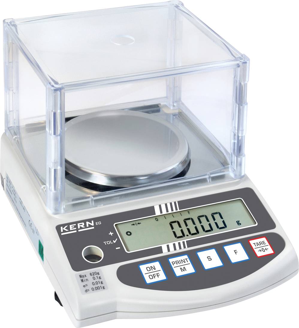 Eine elektronische Präzisionswaage mit digitaler Anzeige in einem transparenten Gehäuse. Die Waage zeigt '0.000' Gramm an.