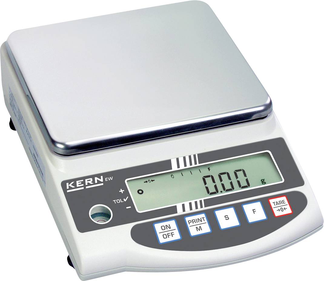 Elektronische Waage mit digitalem Display zeigt '0,00'. Tasten für Ein/Aus, Drucken, Modus, und Tara sichtbar.