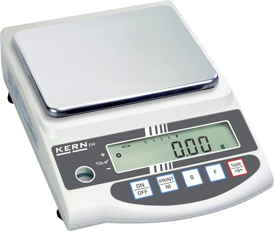 Elektronische Küchenwaage mit digitalem Display zeigt 0,00 Gramm an. Tasten: 'ON/OFF', 'PRINT', 'M', 'S', 'F', 'TARE'.