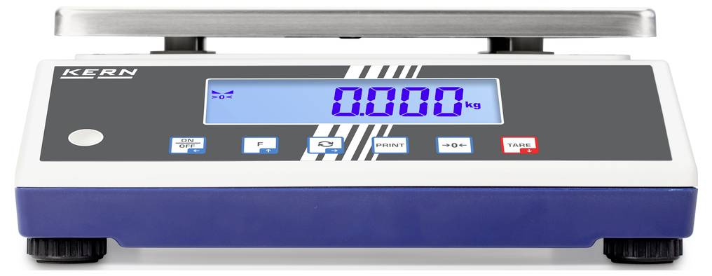 Elektronische Waage mit digitaler Anzeige, zeigt '0.000 kg'. Tasten für Funktionen wie Tarieren und Drucken, Gehäuse blau und grau.