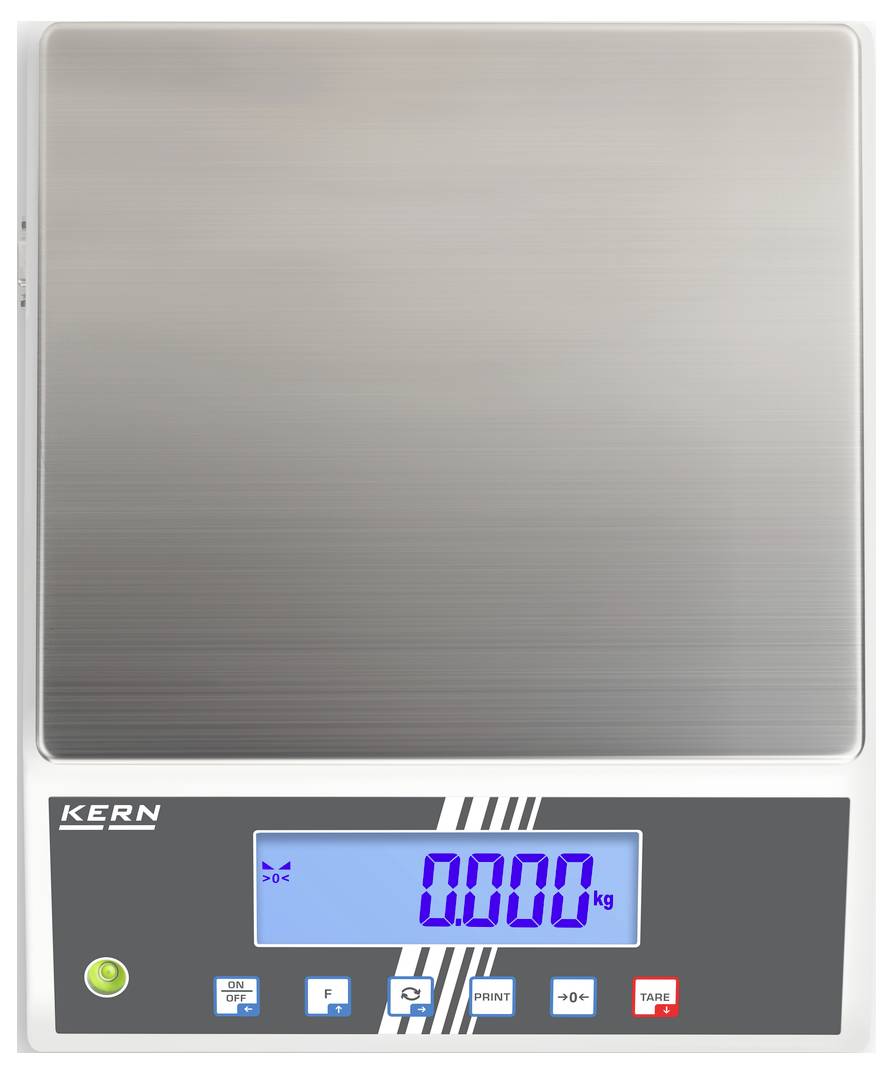 Digitale Küchenwaage mit Edelstahloberfläche, blauem Display und diversen Funktionstasten unten. Gewichtsanzeige zeigt '0,000 kg'.