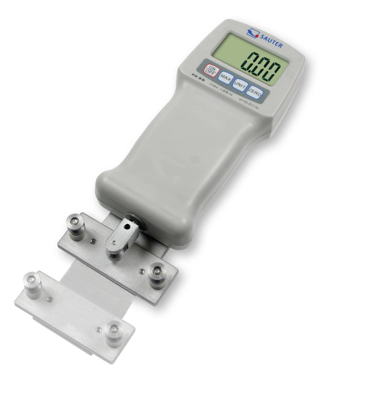 Ein digitales Kraftmessgerät mit Display zeigt '0.00'. Es hat eine metallene Messvorrichtung an der Unterseite zur Spannungsmessung.