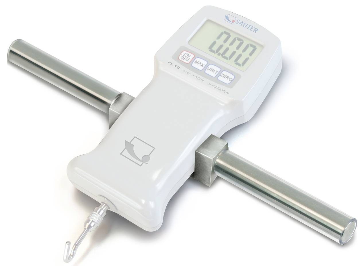 Digitaler Kraftmesser mit Haken und Griffen zur Spannungsmessung. Anzeige zeigt '0.00'. Markenname oben auf dem Gerät.