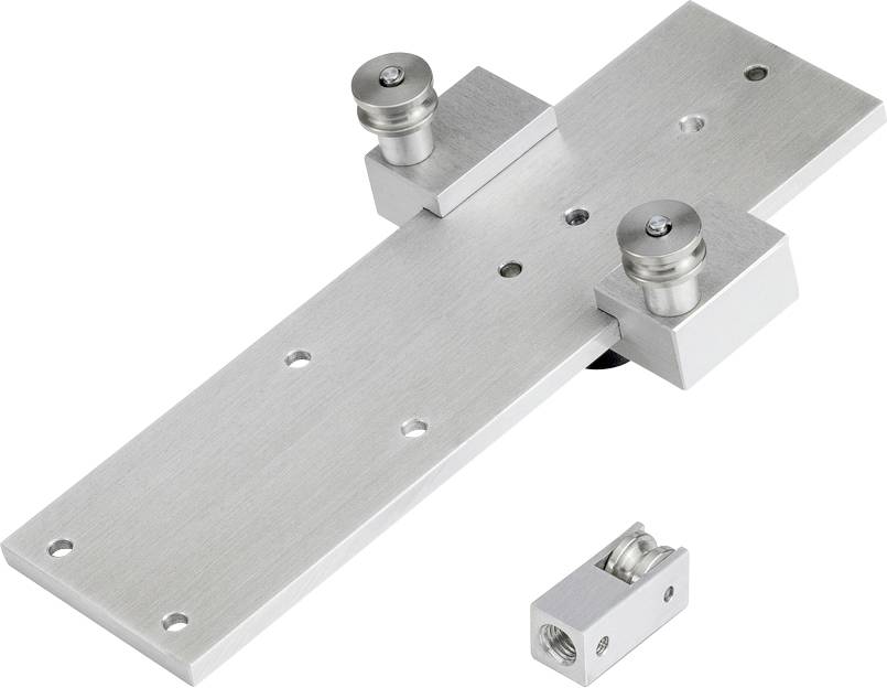 Metallkonstruktion mit zwei Rollen auf einer flachen Platte. Zusätzliche Metallkomponente mit Rolle separat dargestellt.