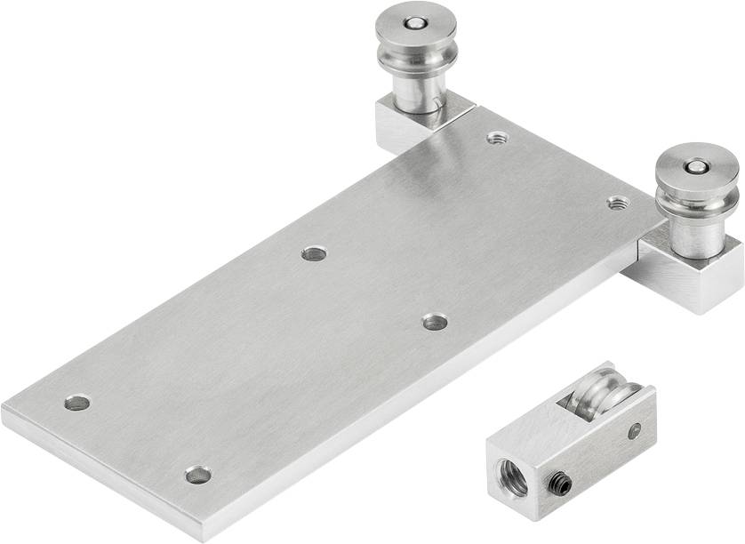 Metallplatte mit Rollen, Löcher an den Enden zur Befestigung, kleine abnehmbare Rolle an der Seite. Mechanisches Bauteil.