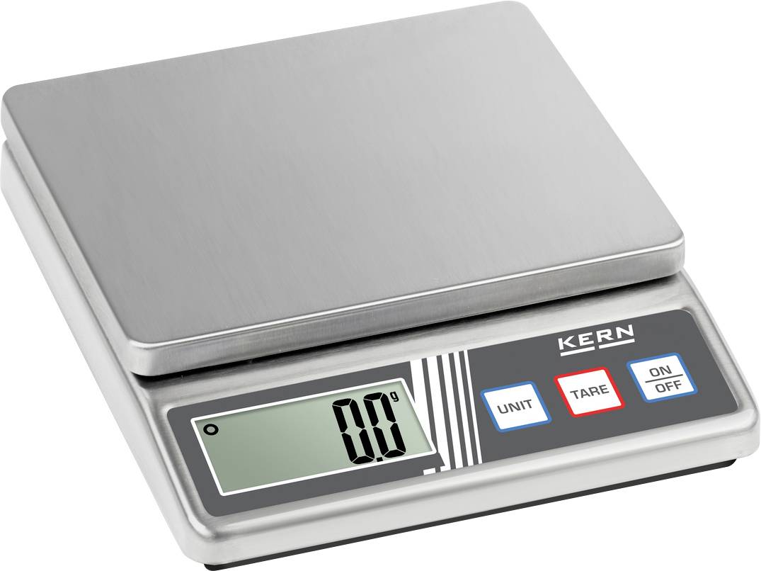 Digitale Waage aus Edelstahl zeigt 0,0 auf dem Display. Tasten: 'Unit', 'Tare', 'On/Off'.