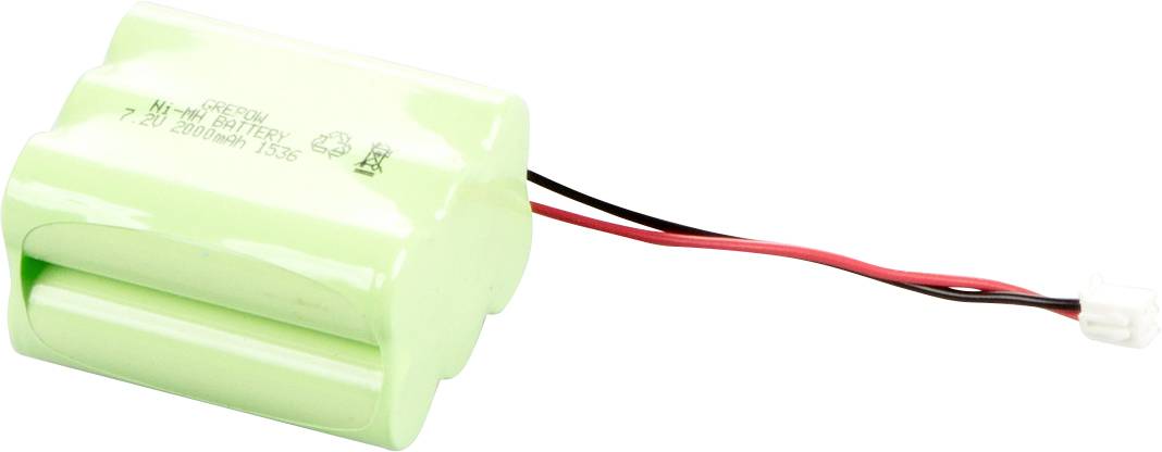 Ein grüner Akkupack mit zwei Zellen und einem roten und schwarz-weißen Kabel, das für elektronische Geräte verwendet wird.