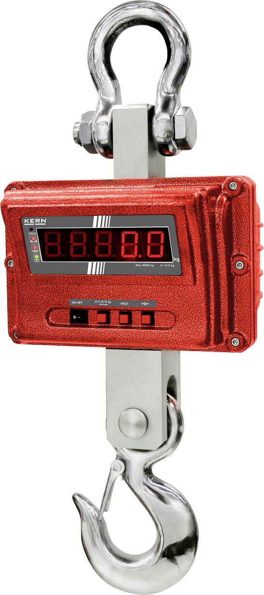 Digitale Hängewaage mit rotem Display, Metallhaken oben und unten, zeigt Gewichtsmessungen in Kilogramm für industrielle Anwendungen.