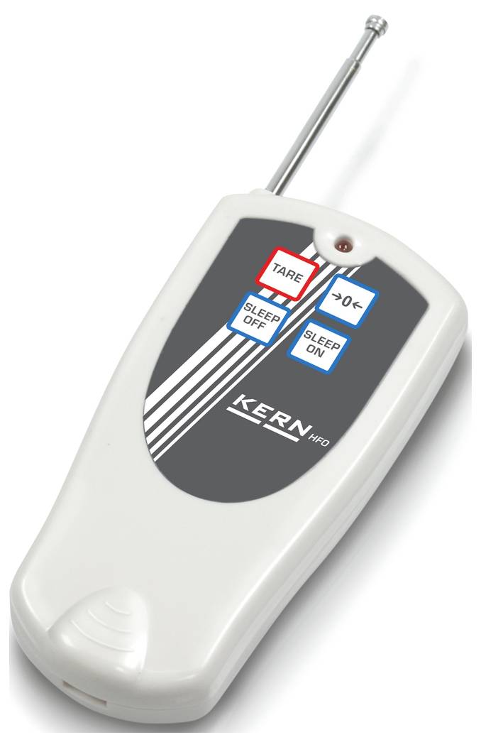 Eine weiße Fernbedienung mit Tasten: 'TARE', 'SLEEP OFF', und 'SLEEP ON'. Eine ausziehbare Antenne ist oben angebracht.