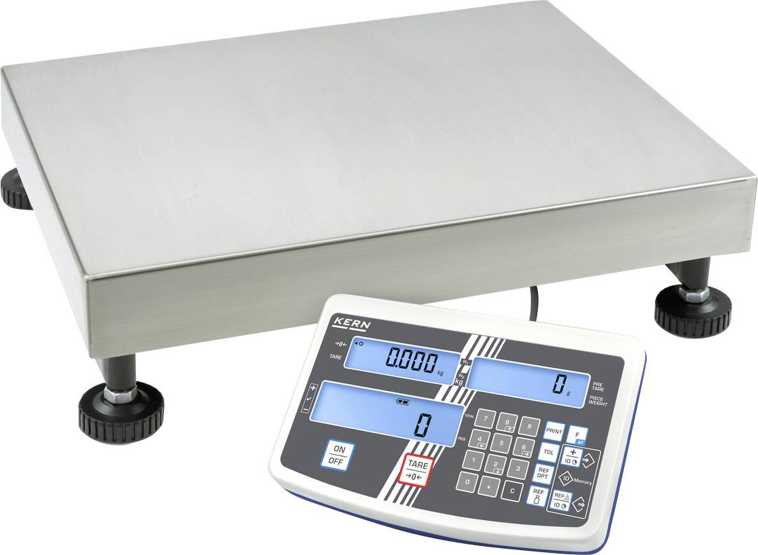 Elektronische Waage mit großem, rechteckigem Wiegeteller und digitalem Display, zeigt null Kilogramm, geeignet für Präzisionswägungen.