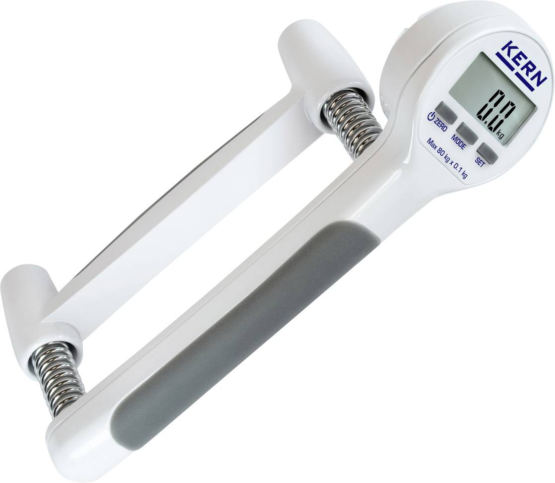 Ein Handkraftmesser mit digitalem Display zeigt '0.0 kg' an. Das Gerät hat graue Griffe und eine weiße Struktur.
