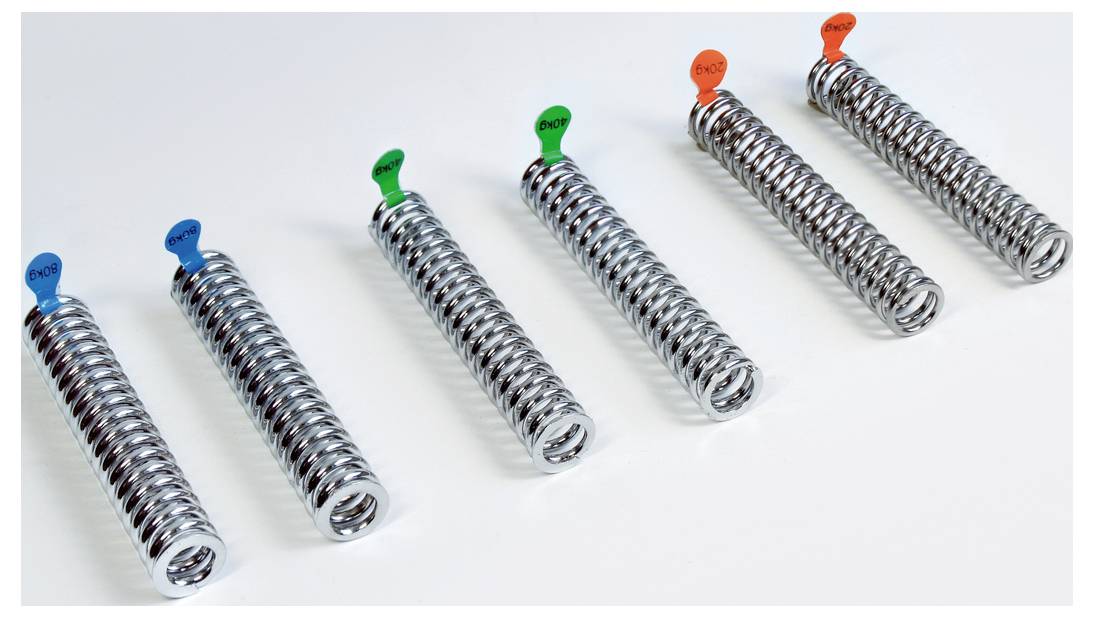 Six metal springs, each with a colored tag at the top, arranged in two rows on a white surface. Tags are blue, green, and orange.