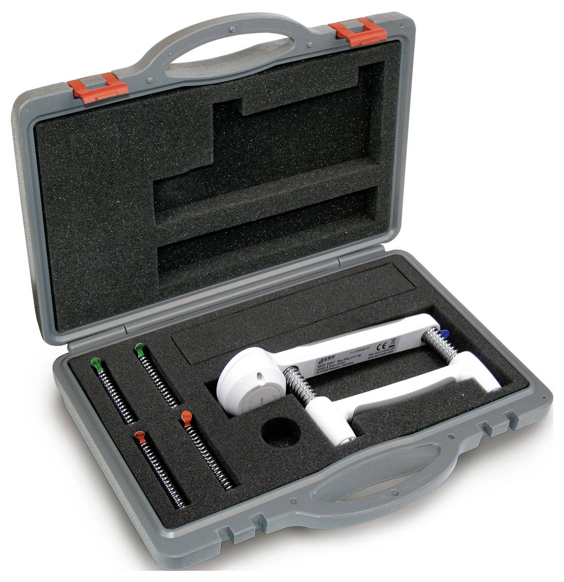 Grauer Kunststoffkoffer mit Schaumstoffinneneinlage, enthält einen medizinischen Griff und drei unterschiedlich farbige Federn.