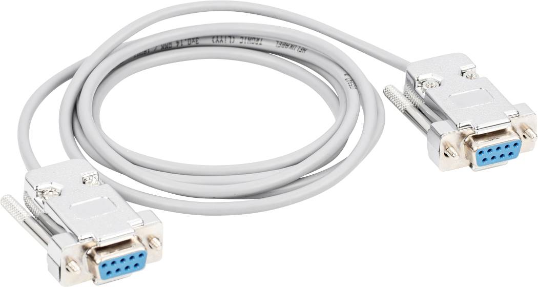 Graues serielles D-Sub-Kabel mit zwei 9-poligen Steckverbindern an beiden Enden, verwendet für serielle Datenübertragung.