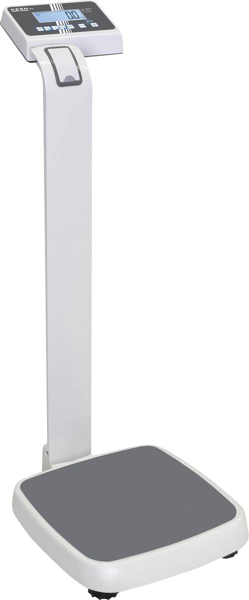 Digitale Personenwaage mit Stange und Display. Sie ist aus Metall und Kunststoff gefertigt und zeigt das Gewicht auf einem digitalen Bildschirm an.