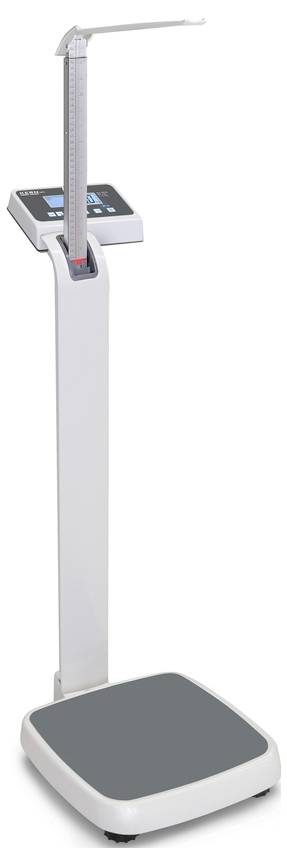 Eine digitale Personenwaage mit einem integrierten Messstab zur Erfassung der Körpergröße, geeignet für medizinische Einrichtungen.
