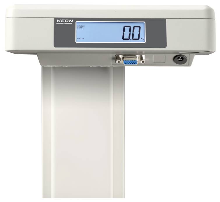 Elektronische Waage von KERN zeigt '0,0 kg' auf digitalem Display. LCD mit Hintergrundbeleuchtung. Hauptbedienelemente sichtbar.