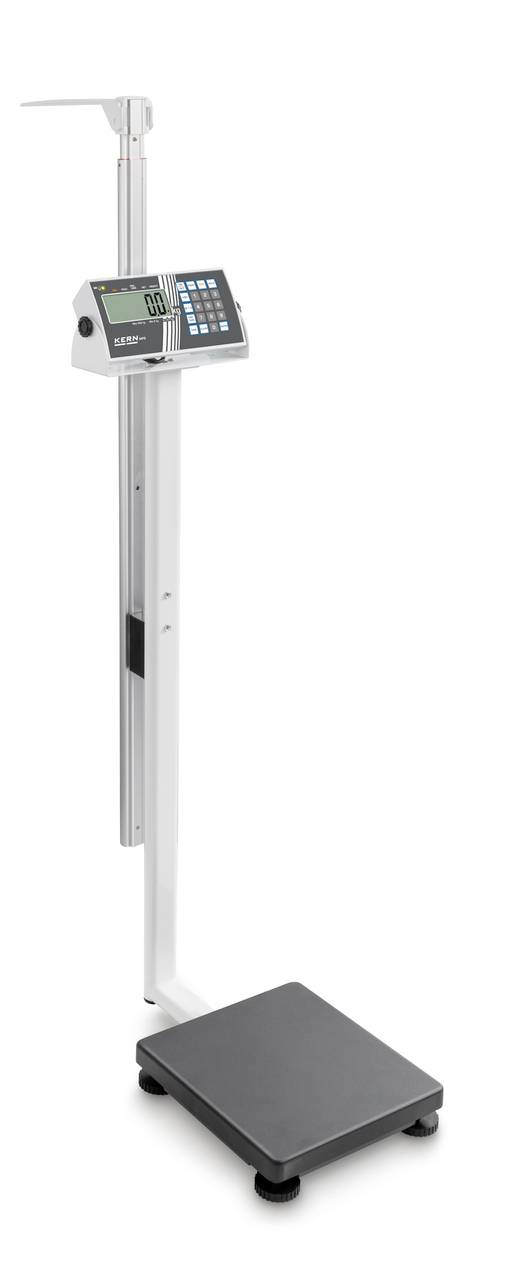 Elektronische Personenwaage mit Stab zur Messung der Körpergröße. Anzeige für Gewicht und Größe auf digitalem Bildschirm.