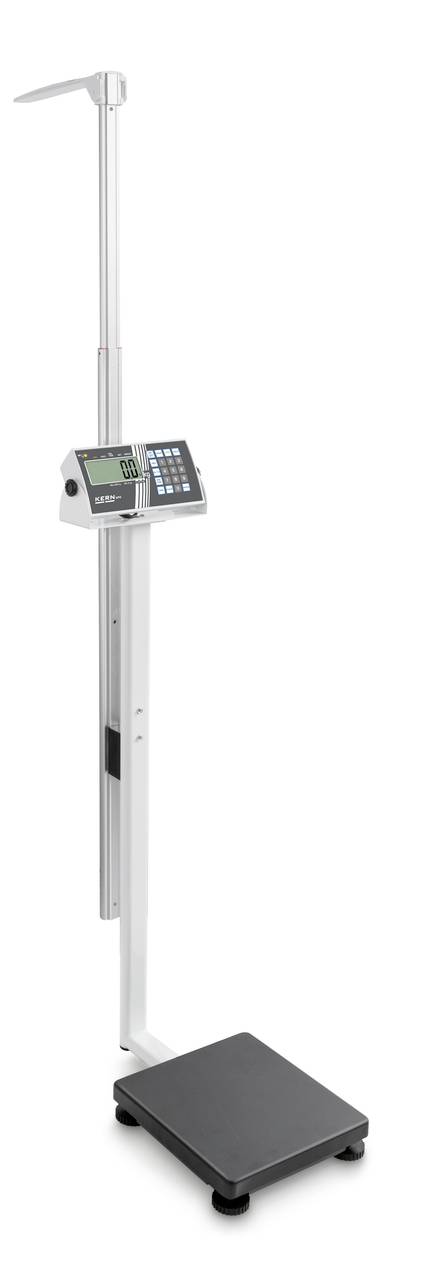 Digitale Personenwaage mit großer Plattform und integriertem Messstab zur Ermittlung von Größe und Gewicht. Ideal für Arztpraxen.