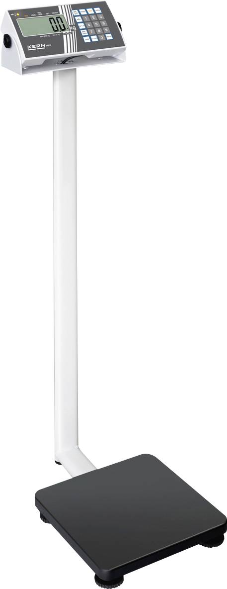 Elektronische Stehwaage mit digitalem Display, zeigt Gewicht in Kilogramm an. Weißer Standfuß mit schwarzer Plattform.
