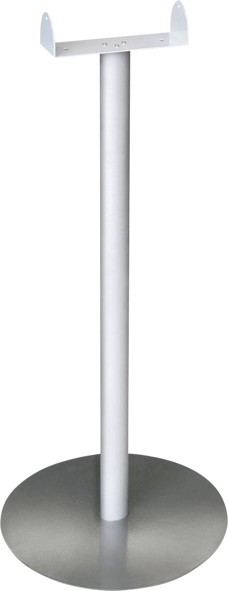 Ein silberfarbener, freistehender Ständer mit rundem Standfuß und flachem, rechteckigem Halter oben. Geeignet für Display- oder Gerätehalterungen.