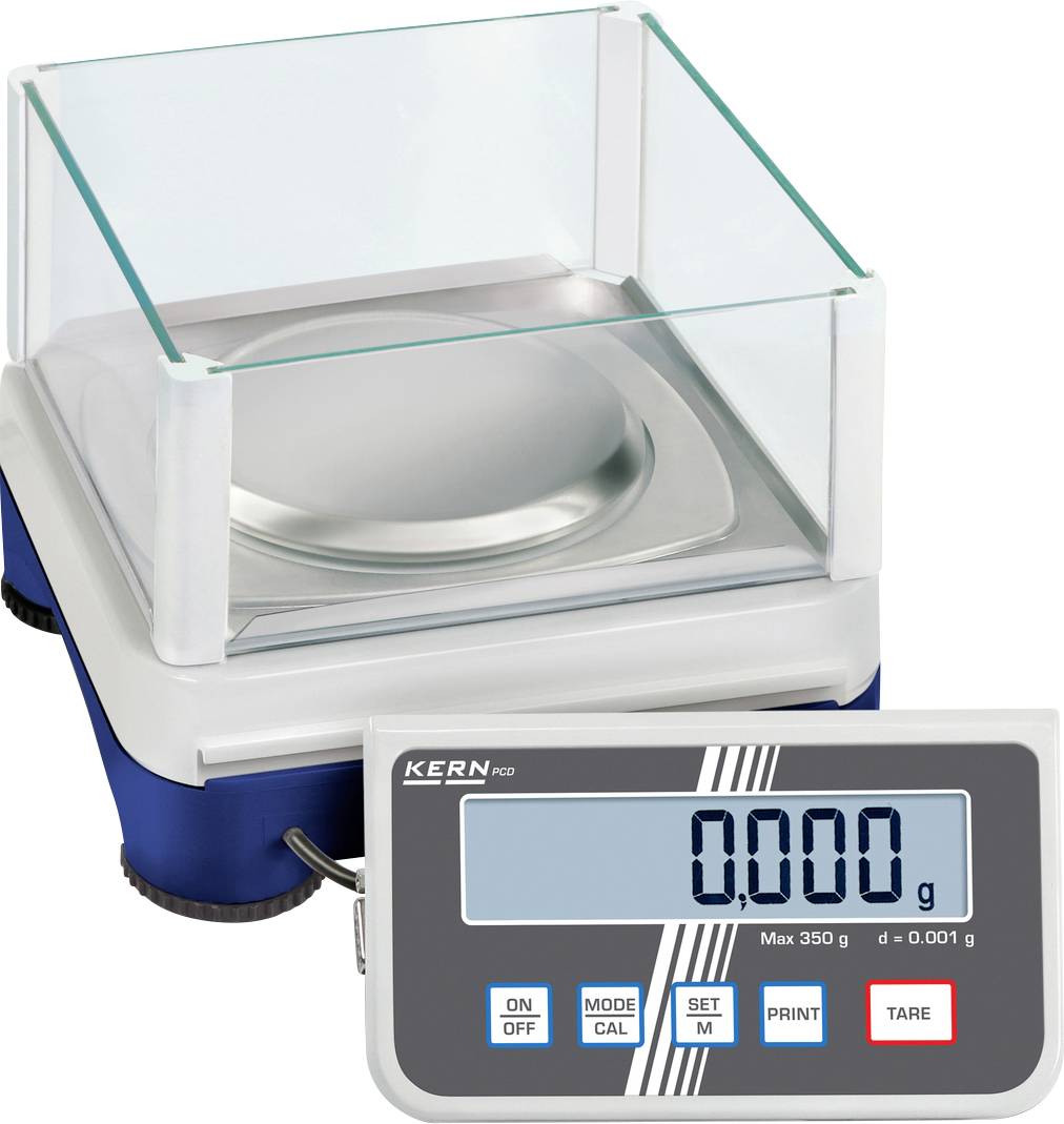 Digitale Präzisionswaage mit großem Display zeigt '0,000 g'. Maximale Kapazität 350 g, Genauigkeit 0,001 g. Tasten für verschiedene Funktionen.