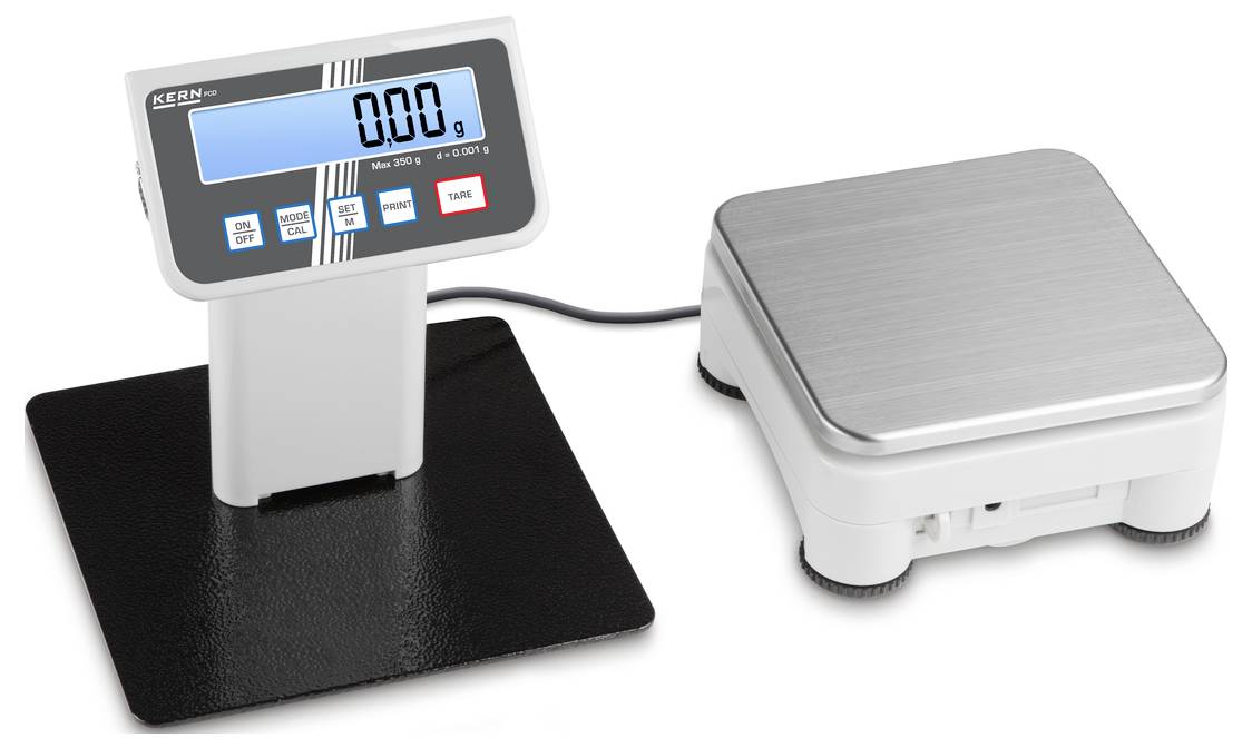 Digitale Waage mit rechteckiger Plattform rechts und Display links, zeigt '0,00 g' an.