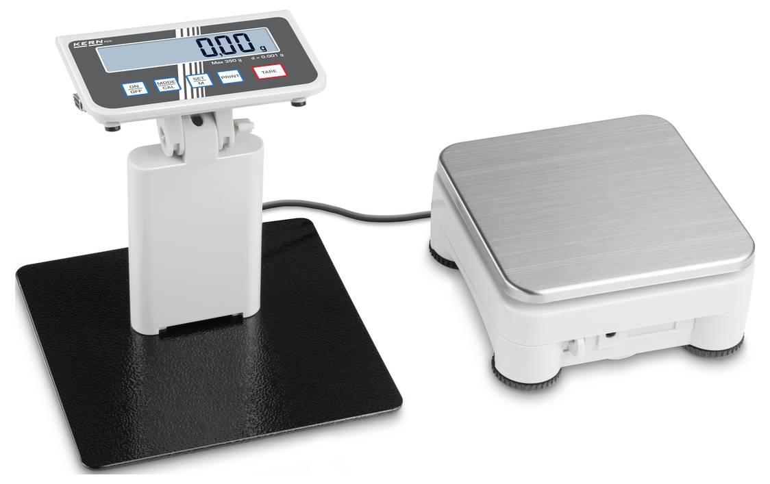 Eine digitale Waage mit einem Display zeigt '0.00'. Sie hat eine Metallplatte zum Wiegen und ein abgetrenntes Anzeigegerät mit Tasten.