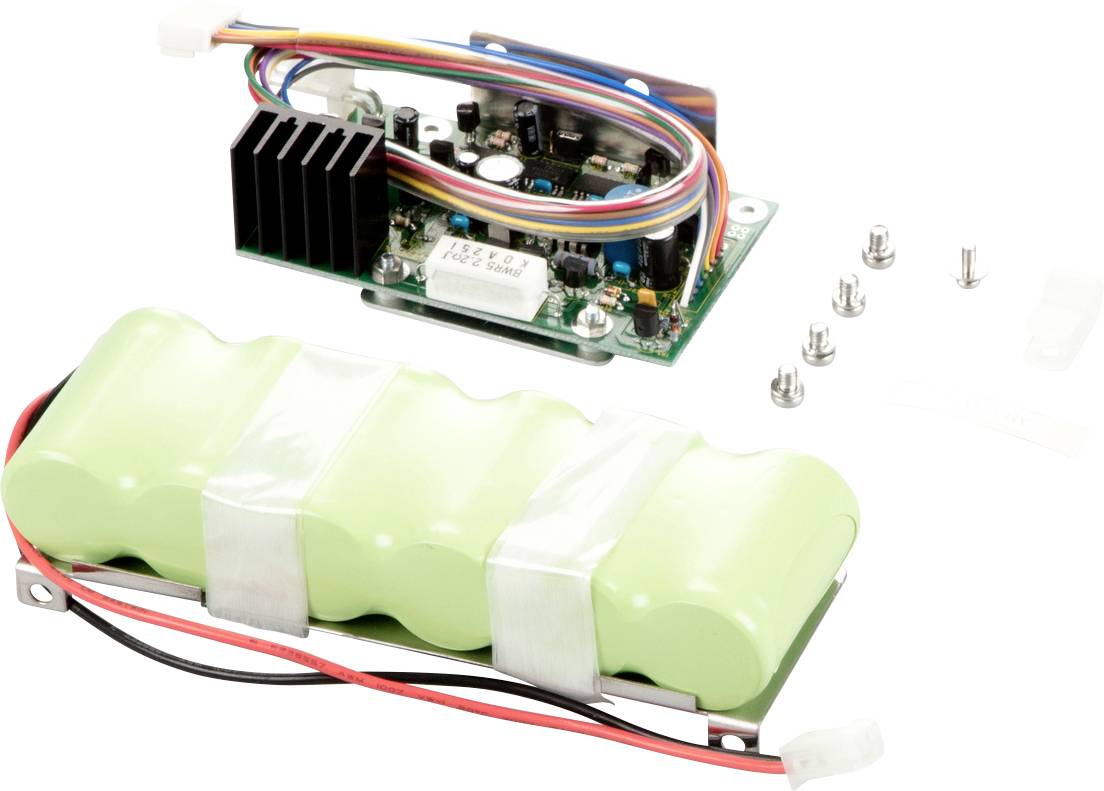 Elektronische Schaltung mit Platine, Kabeln und einer grünen Batterieeinheit. Schrauben und weiteres Zubehör sind daneben platziert.