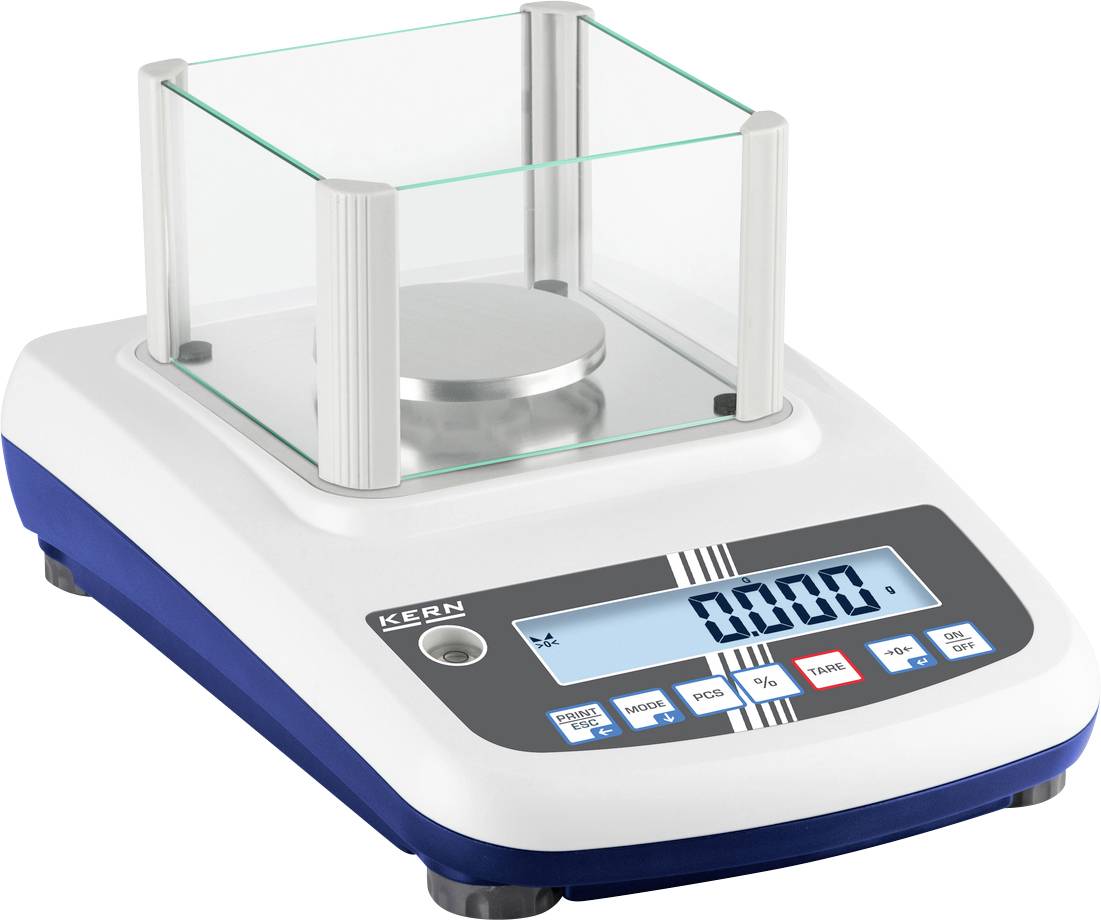 Präzisionswaage mit digitaler Anzeige zeigt '0.000 g'. Gläserne Schutzvorrichtung um die Wiegeplattform; Tasten für Funktionen darunter.