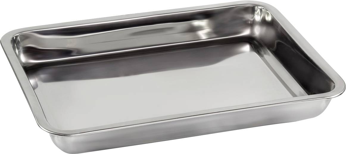 Rechteckige, glänzende Metallbackform mit flachem Rand, geeignet zum Backen oder Braten von Speisen im Ofen.